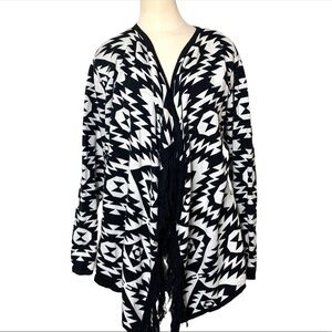 𝅺JESSICA Southwestern Black White printed Tribal Jersey Knit Cardigan Wrap L
